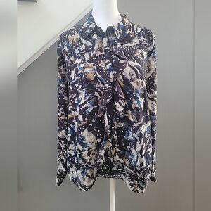 Cabi Starry Night Top Blouse Med Multicolor Ruffle Detail Button Down Casual